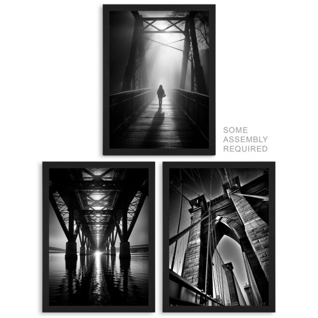Artery8 A4 Wall Art & Frame Set of 3 Black & White Bridges Atmospheric in Grey - image 1