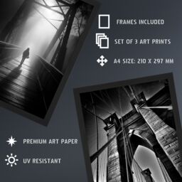 Artery8 A4 Wall Art & Frame Set of 3 Black & White Bridges Atmospheric in Grey - thumbnail 3
