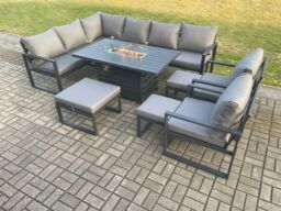 Fimous Aluminium 10 Pieces Garden Furniture Corner Sofa Set with Cushions Gas Fire Pit Dining Table Set with 2 Chairs 3 Footstools Dark Grey - thumbnail 1