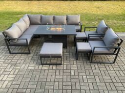 Fimous Aluminium 10 Pieces Garden Furniture Corner Sofa Set with Cushions Gas Fire Pit Dining Table Set with 2 Chairs 3 Footstools Dark Grey - thumbnail 2