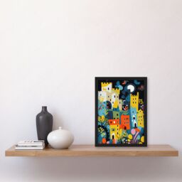 Artery8 Nottingham at Night Abstract Folk Art Cityscape Artwork Framed Wall Art Print A4 in Black - thumbnail 2