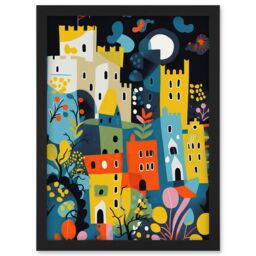 Artery8 Nottingham at Night Abstract Folk Art Cityscape Artwork Framed Wall Art Print A4 in Black - thumbnail 1