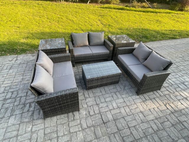 Fimous Dark Grey 6 Seater Outdoor Rattan Garden Furniture Set Patio Love Sofa Rectangular Coffee Table Set with 2 Side Tables - image 1
