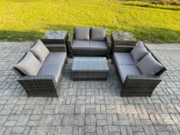 Fimous Dark Grey 6 Seater Outdoor Rattan Garden Furniture Set Patio Love Sofa Rectangular Coffee Table Set with 2 Side Tables - thumbnail 2