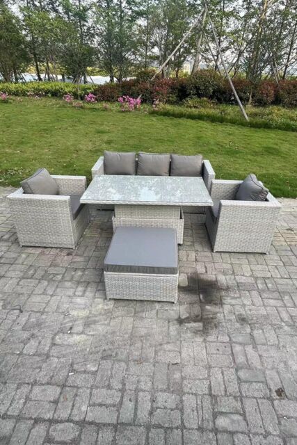 Fimous Rattan Garden Funiture Set Adjustable Rising Lifting Table Sofa Dining Set With 2 Arm Chair in Light Grey - image 1