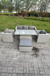 Fimous Rattan Garden Funiture Set Adjustable Rising Lifting Table Sofa Dining Set With 2 Arm Chair in Light Grey - thumbnail 2