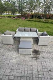 Fimous Rattan Garden Funiture Set Adjustable Rising Lifting Table Sofa Dining Set With 2 Arm Chair in Light Grey - thumbnail 1