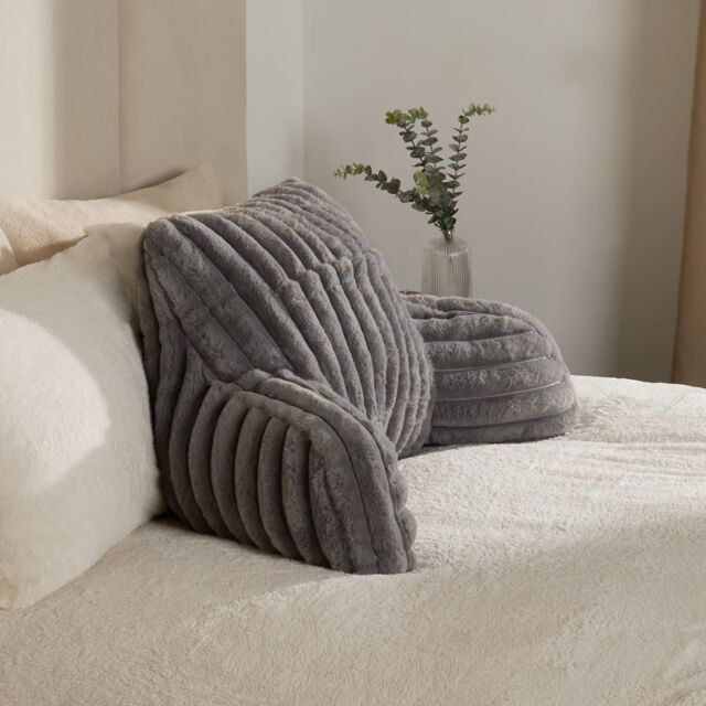 OHS Faux Fur Ribbed Reading Pillow Super Soft Heatable Cuddle Cushion in Charcoal - image 1