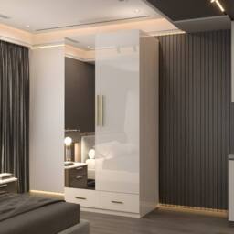 Sliding Wardrobes 4U High Gloss 2 Door Mirrored Wardrobe with Gold Handles W90cm in White - thumbnail 1
