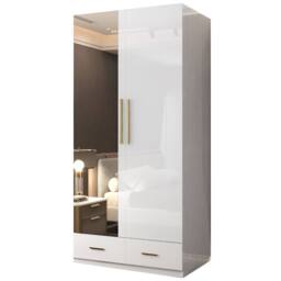 Sliding Wardrobes 4U High Gloss 2 Door Mirrored Wardrobe with Gold Handles W90cm in White - thumbnail 2