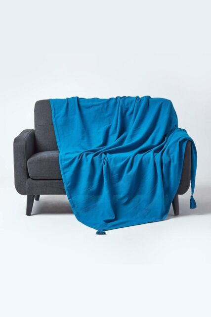 Homescapes Cotton Rajput Ribbed Throw in Teal - Size: 255 cm x 360 cm - image 1