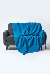 Homescapes Cotton Rajput Ribbed Throw in Teal - Size: 255 cm x 360 cm - thumbnail 1