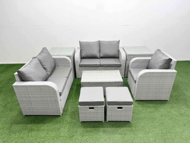 Fimous High Back Poly Rattan Garden Furniture Set w/ Reclining Chair Loveseat Sofa Rectangular Coffee Table Indoor Outdoor Patio Set 2 Stool 2 Side - image 1