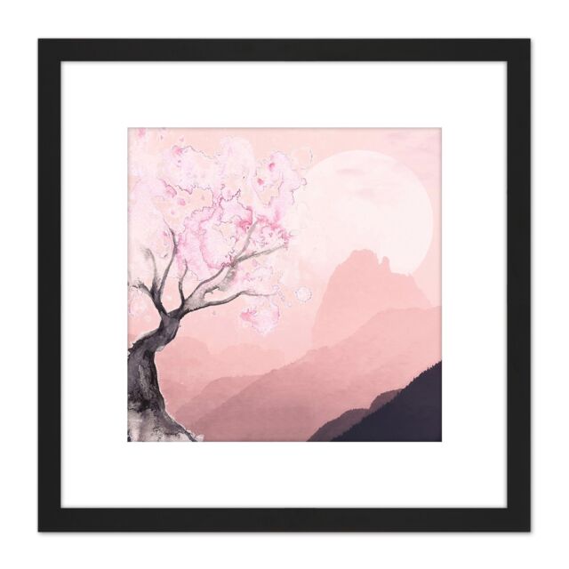 Artery8 Pink Landscape Tree Mountain Illustration 8X8 Inch Square Wooden Framed Wall Art Print Picture with Mount in Black - image 1