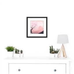 Artery8 Pink Landscape Tree Mountain Illustration 8X8 Inch Square Wooden Framed Wall Art Print Picture with Mount in Black - thumbnail 2