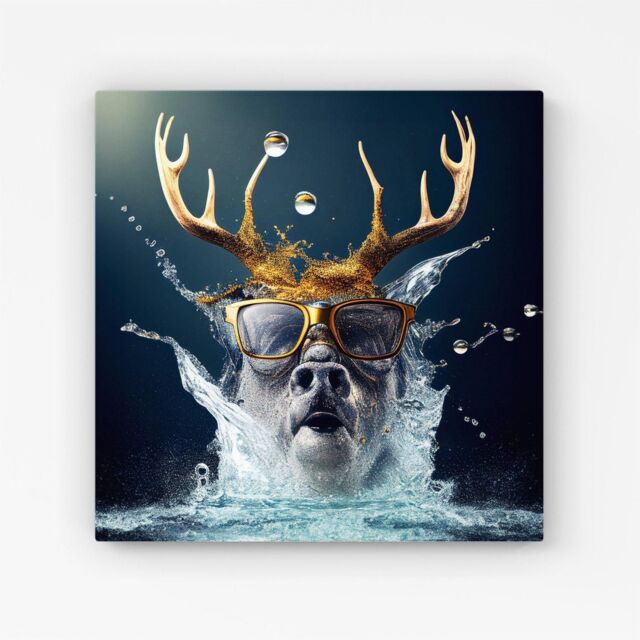 "Warren Reed - Designer Stag With Glasses Splashart Canvas in Grey - Size: W16"" x H16""" - image 1