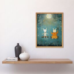 "Artery8 Wall Art Print Rabbits on a Swing with Moonlit Butterflies Calming Baby Nursery Artwork Art Framed in Light Oak - Size: W12"" x H16""" - thumbnail 2