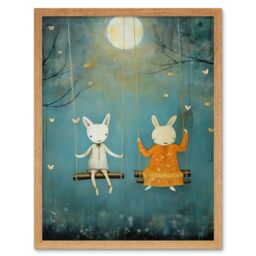 "Artery8 Wall Art Print Rabbits on a Swing with Moonlit Butterflies Calming Baby Nursery Artwork Art Framed in Light Oak - Size: W12"" x H16""" - thumbnail 1