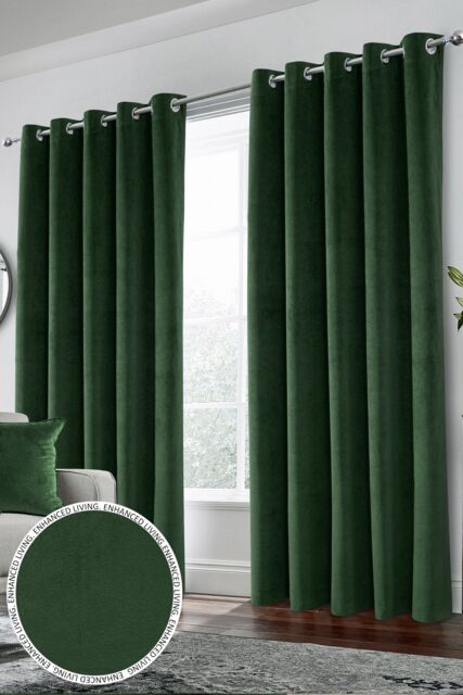 Enhanced Living Velvet, Supersoft, 100% Blackout, Thermal Pair of Curtains with Eyelet Top - Green - Size: 117 cm width x 137 cm drop - image 1