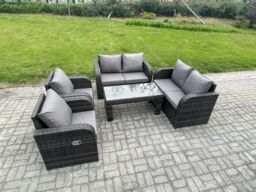 Fimous Patio Garden Furniture Sets Wicker 6 Seater Outdoor Rattan Furniture Sofa Sets with Rectangular Coffee Table Reclining Chair in Dark Grey - thumbnail 2