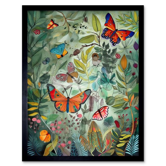 "Artery8 Wall Art Print Butterflies in a Spring Field Modern Folk Art Framed in Black - Size: W12"" x H16""" - image 1