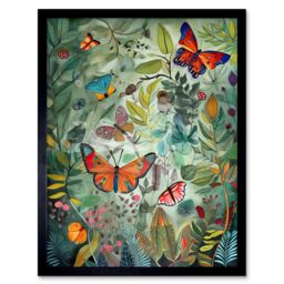 "Artery8 Wall Art Print Butterflies in a Spring Field Modern Folk Art Framed in Black - Size: W12"" x H16""" - thumbnail 1