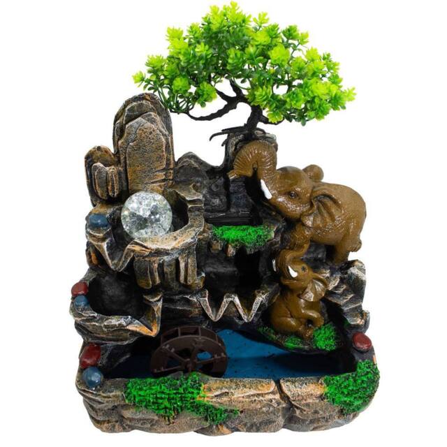 Serenityy Elephants Tabletop Water Feature, Crystal Ball, Watermill - 30x20x35cm in Natural - Size: 30 x 20 x 35 cm - image 1