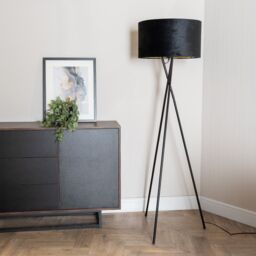 ValueLights Camden Black Tripod Floor Lamp with Black Velvet & Gold Lamp Shade