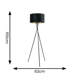 ValueLights Camden Black Tripod Floor Lamp with Black Velvet & Gold Lamp Shade - thumbnail 4
