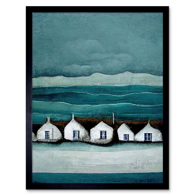 "Artery8 Wall Art Print Row Of White Fisherman Cottages Isle Of Jura Art Framed in Black - Size: W12"" x H16""" - image 1