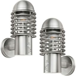 Loops 2 PACK IP44 Outdoor Wall Lamp Brushed Steel Caged Lantern PIR Move Porch Light in Metallics
