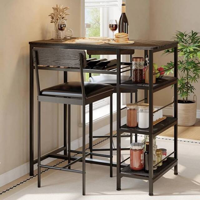 VOGREX 3pc Dining Set w/2 Stools & Wine Rack in Black - image 1