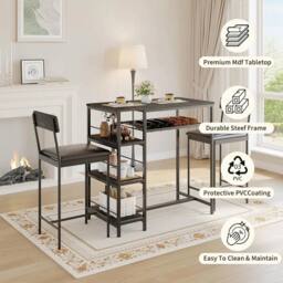 VOGREX 3pc Dining Set w/2 Stools & Wine Rack in Black - thumbnail 4