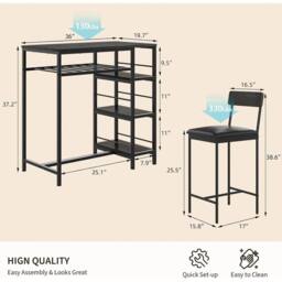 VOGREX 3pc Dining Set w/2 Stools & Wine Rack in Black - thumbnail 2