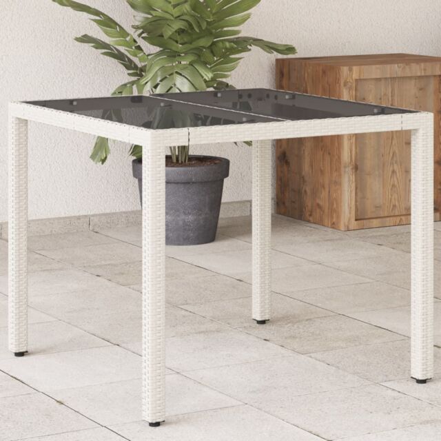 Berkfield Home Garden Table with Glass Top White 90x90x75 cm Poly Rattan - Size: 90 x 90 x 75 cm - image 1