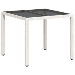 Berkfield Home Garden Table with Glass Top White 90x90x75 cm Poly Rattan - Size: 90 x 90 x 75 cm - thumbnail 7