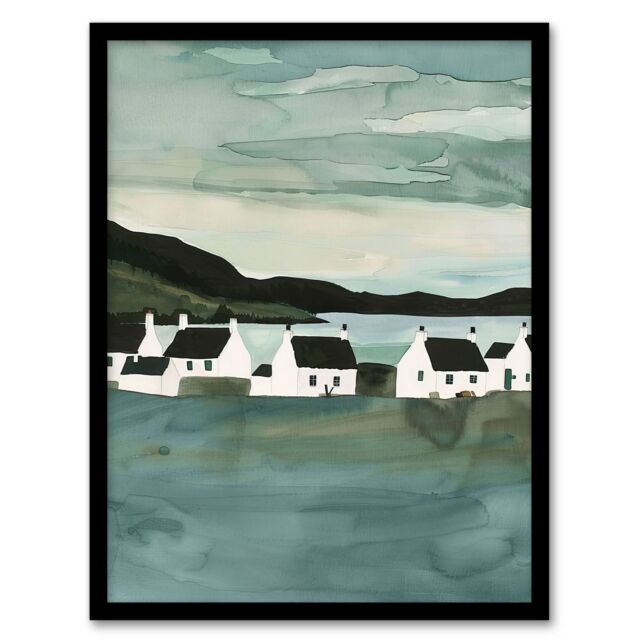 Artery8 Fisherman Cottages Scotland Seaside Watercolour Framed Art Print in Green - Size: A4 - image 1
