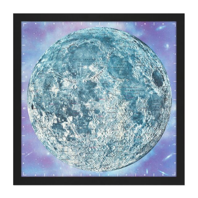 "Artery8 Wall Art Print Map Hammond 1966 Moon Chart Space Lunar Diagram Square Framed Picture 16X16 Inch in Black - Size: W16"" x H16""" - image 1