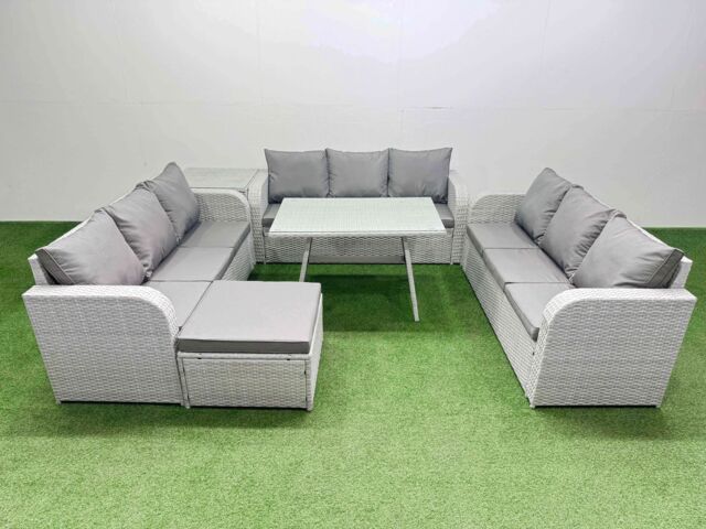 Fimous 10 Seat PE Rattan Garden Furniture with Side Table Big Stool in Light Grey - image 1