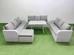 Fimous 10 Seat PE Rattan Garden Furniture with Side Table Big Stool in Light Grey - thumbnail 2