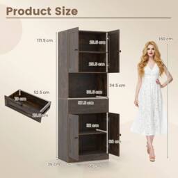 FORGEVIO 171.5 CM Tall Bathroom Cabinet Freestanding Storage Cabinet in Brown - thumbnail 2
