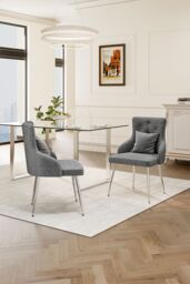 Living and Home Velvet Tufted Upholstered Dining Chair with Cushion in Grey - thumbnail 2
