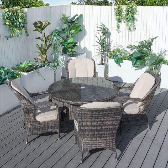 Direct Wicker 4-Seater Aluminum Round Garden Dining Table Set, UV-Resistant PE Wicker, D120*H72cm, Brown - Size: 4 Person - image 1