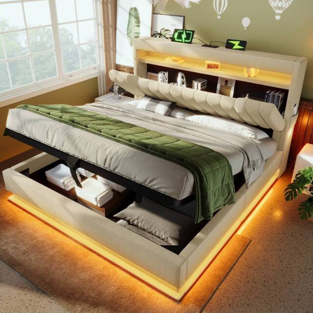 BTM LED Linen Bed with USB-C Charging & Hydraulic Storage in Beige - Size: Super King - image 1