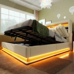 BTM LED Linen Bed with USB-C Charging & Hydraulic Storage in Beige - Size: Super King - thumbnail 9