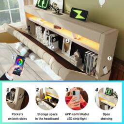 BTM LED Linen Bed with USB-C Charging & Hydraulic Storage in Beige - Size: Super King - thumbnail 3
