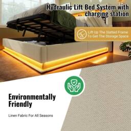 BTM LED Linen Bed with USB-C Charging & Hydraulic Storage in Beige - Size: Super King - thumbnail 4