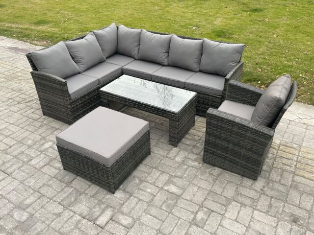 Fimous Rattan Garden Furniture Sets High Back Corner Sofa Oblong Coffee Table Set with Big Footstool Armchair Dark Grey Mixed - image 1