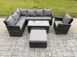 Fimous Rattan Garden Furniture Sets High Back Corner Sofa Oblong Coffee Table Set with Big Footstool Armchair Dark Grey Mixed - thumbnail 2