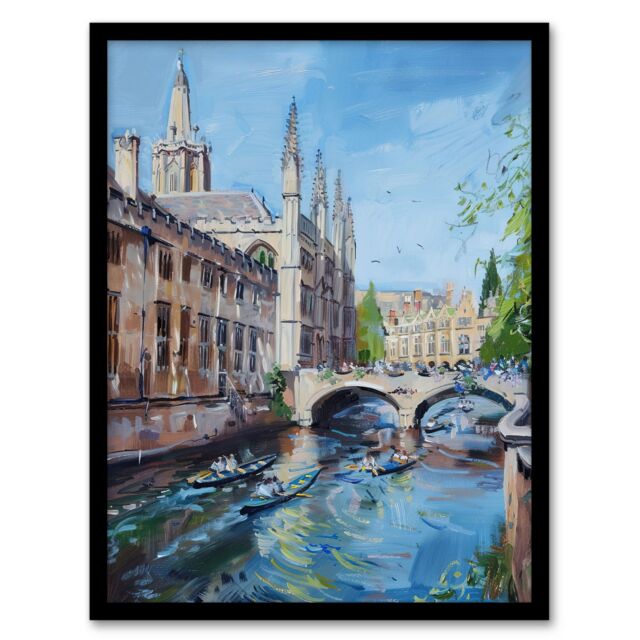 Artery8 Cambridge Boat Race Scene Painting Summer England Framed Art Print in Blue - Size: A4 - image 1